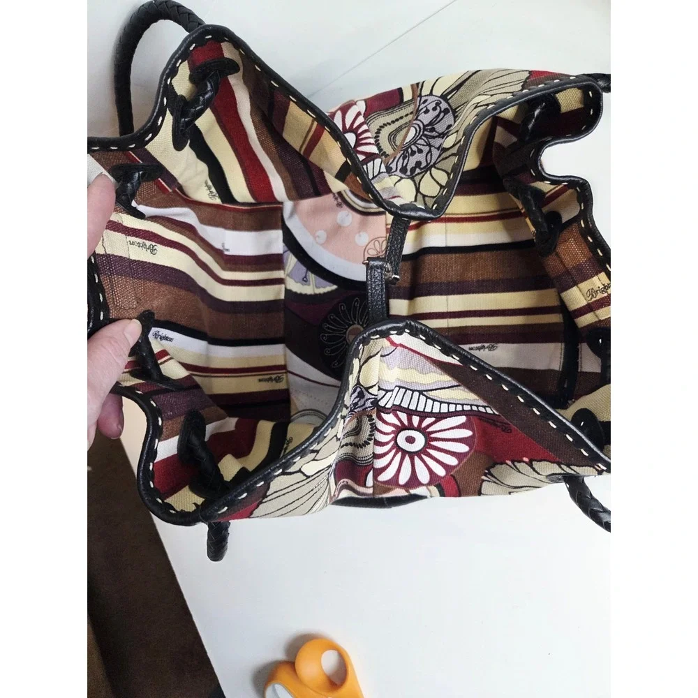 Brighton Canvas  & Leather Cinch Shoulder Satchel Slouchy Bag‎ Floral Braided